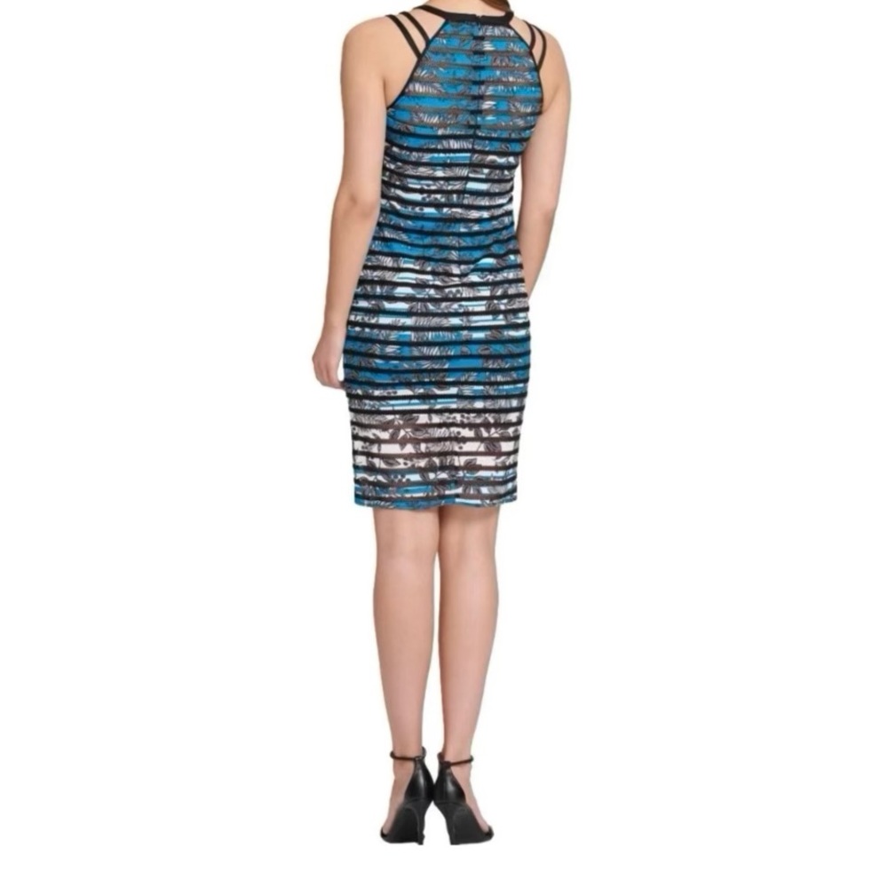 Guess Black, Blu & White Striped, Lace & Mesh Inserts Bodycon Sheath Dress NWT 4 - Picture 2 of 5